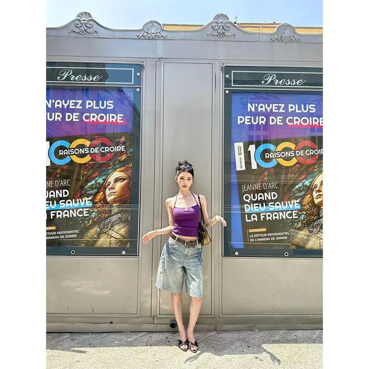 夏季纯欲炸街休闲百搭高级紫色吊带背心外出高腰直筒牛仔短裤套装