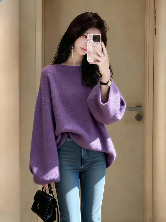 SS956太美太惊艳的紫色！宽松慵懒长袖针织衫上衣秋冬冬季短款毛衣