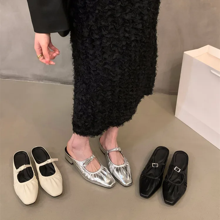 法式银色粗跟网红爆款气质小凉拖包头半托鞋仙女鞋子外穿2025新款