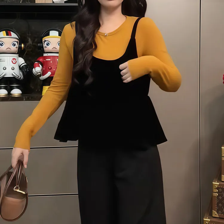 韩系穿搭秋季新款时尚休闲黑色丝绒吊带+黄色打底T恤两件套装女