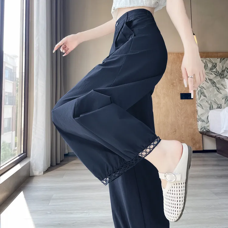 藏青色镂空宽松阔腿裤女早秋季九分高腰灯笼裤休闲百搭防晒休闲裤