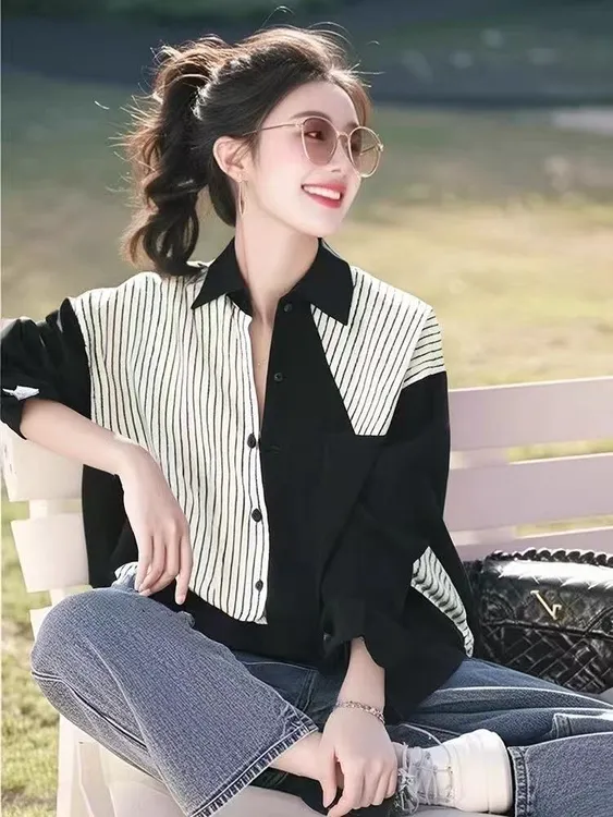 SS758春季新款今年流行爆款独特超好看单穿上衣黑色拼接条纹衬衫