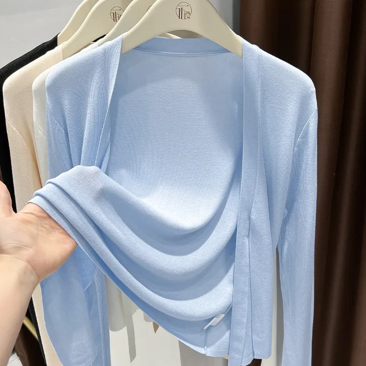 2025夏季爆款开衫长袖针织外套女款蓝色配吊带裙外搭薄款防晒披肩