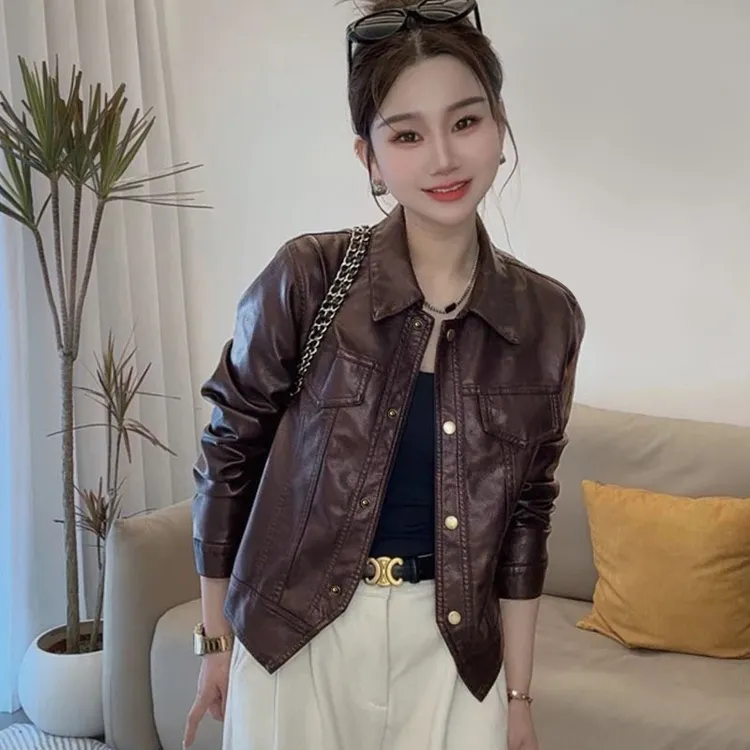 海宁复古上衣翻领港风机车秋冬新款皮衣女夹克外套A25-49
