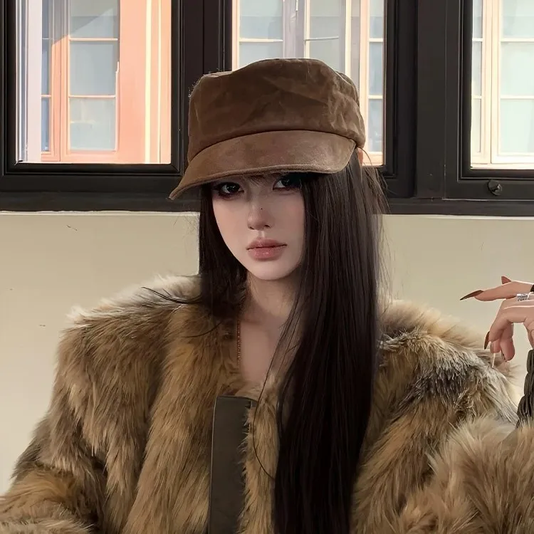 中古风美拉德复古麂皮绒马术帽女秋冬显脸小时尚百搭平顶鸭舌帽子