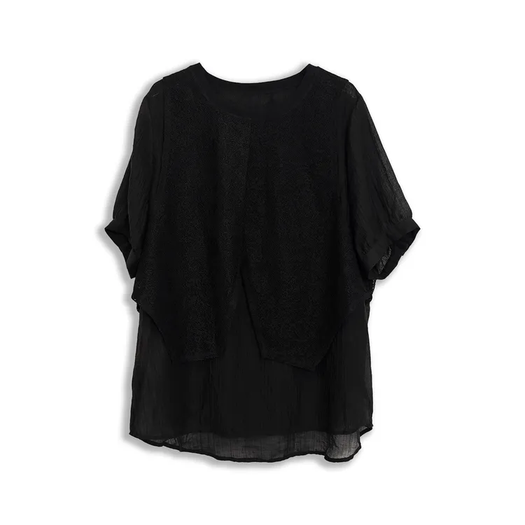 微胖女装【绣场】蕾丝网纱假两件衬衫春夏新款显瘦百搭上衣20662