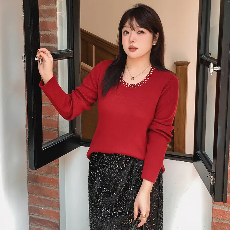 大码女装u领钉珠上衣女打底衫2025秋款胖mm外穿内搭针织毛衣22736