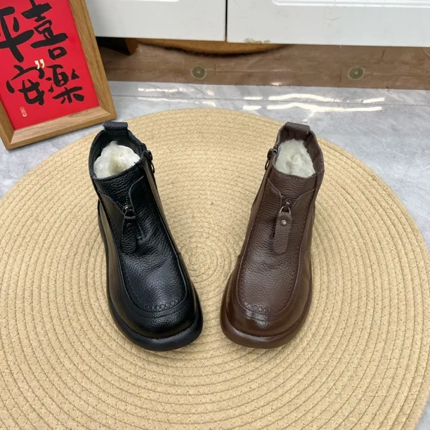 25新款Y7069复古简约软底防滑舒适牛皮羊毛冬季妈妈百搭休闲短靴