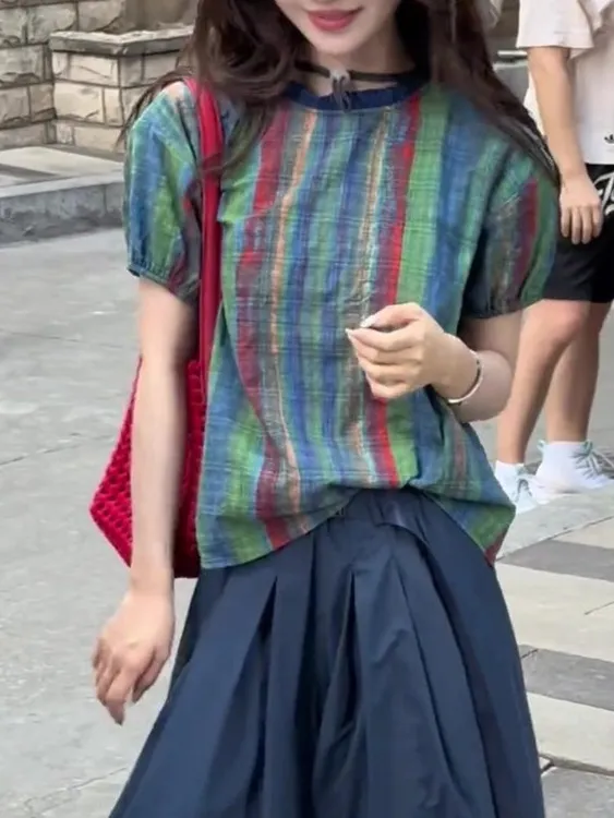 撞色圆领独特设计感短袖超好看漂亮不撞衫小个子上衣T恤2025年夏