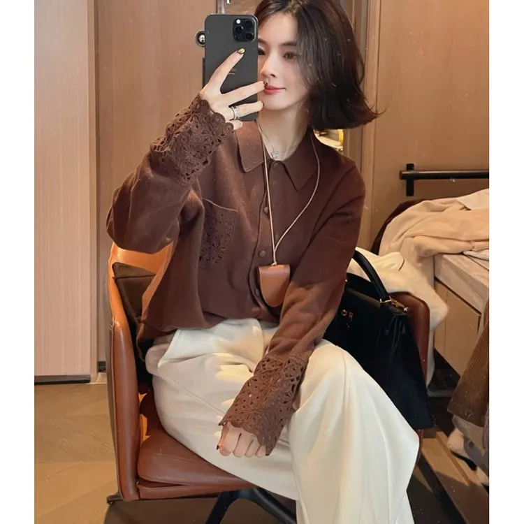 减龄气质感钩花针织衬衫Polo长袖时尚秋冬百搭复古设计感
