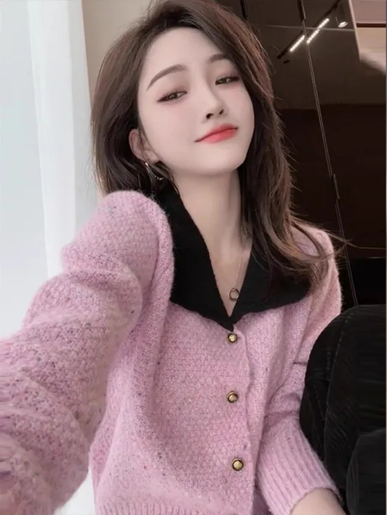 高级感超好看粉色小香风针织毛衣女2025秋冬季新款慵懒风开衫外套