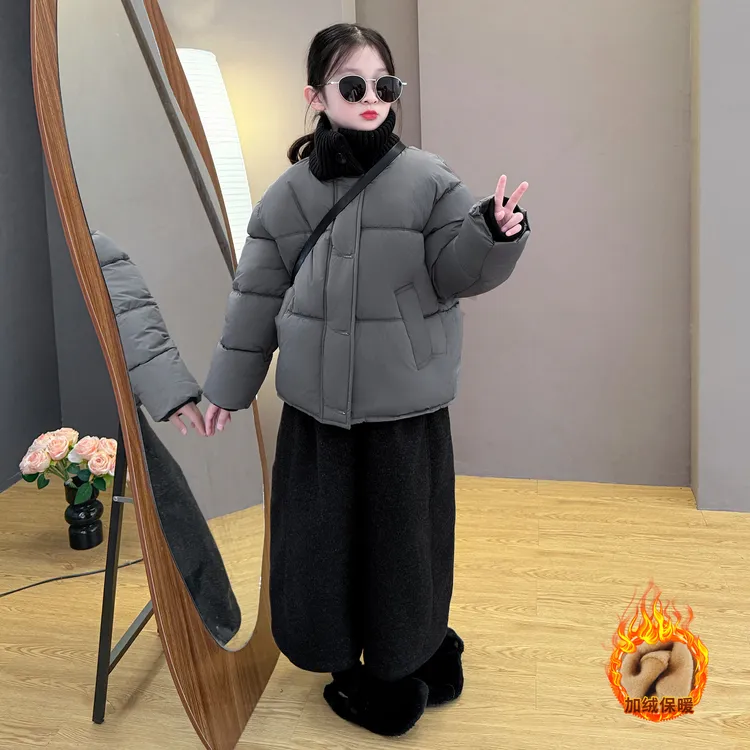 女童2025新款秋冬季韩系毛线领保暖棉衣时尚百搭加绒阔腿裤套装潮