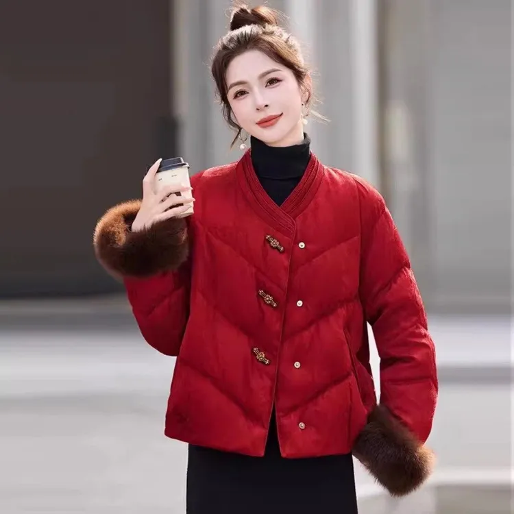 红色新中式妈妈装国风羽绒服女2025冬季新款提花白鸭绒保暖外套
