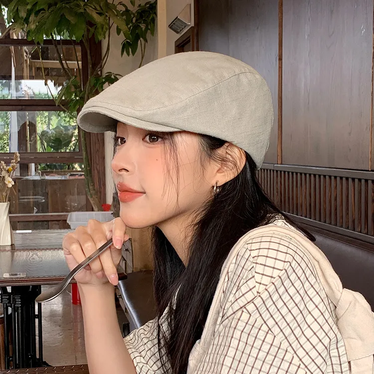 帽子大头围显脸小春秋女款日系复古前进帽女棉麻鸭舌帽时尚贝雷帽
