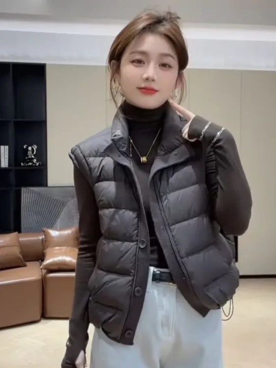 韩系立领排骨羽绒马夹女2025新款冬季保暖外穿白鸭绒坎肩背心外套