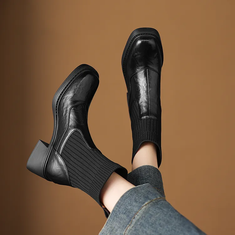 S001耐磨中跟方头防滑冬季袜靴时尚百搭显瘦中筒女靴短靴靴子厚底