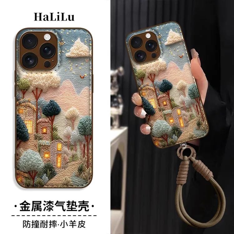 毛绒小镇浮雕羊皮立体壳适用苹果17华为oppo小米vivo手机带挂绳款