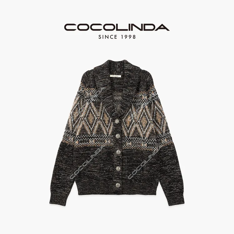 COCOLINDA B款 绵羊毛5针重工提花浮线男女CP老钱青果领开衫S5302