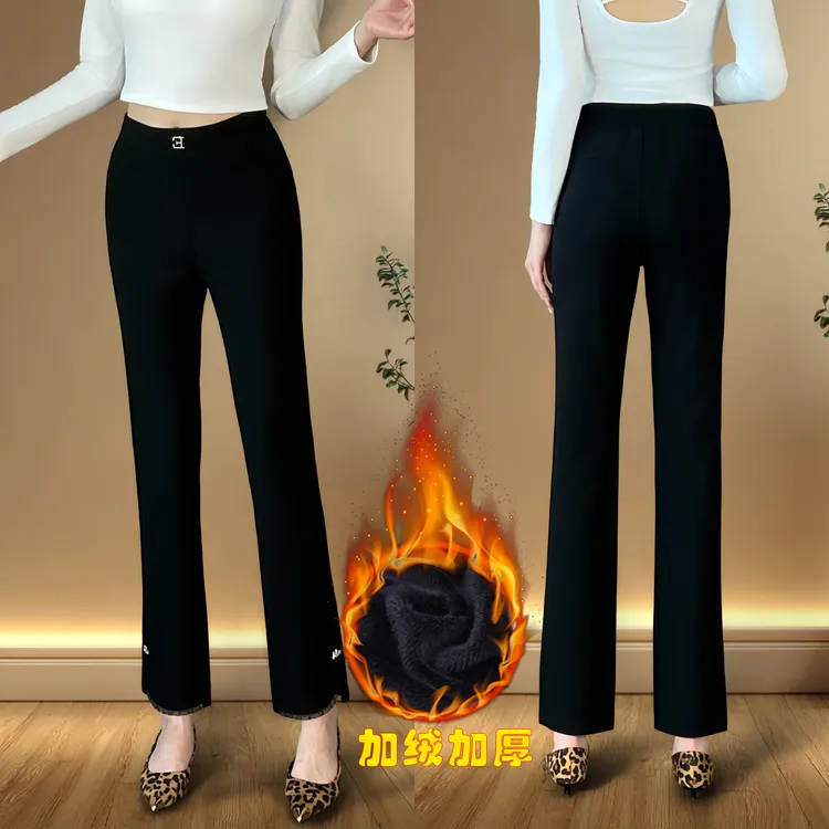 百花果2025女款爆款高腰休闲抗皱直筒百搭高腰显瘦黑色设计烟管裤