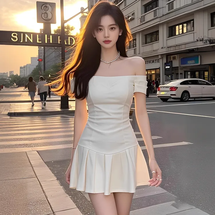 2025夏季新款一字肩短袖连衣裙白月光收腰显瘦短裙露肩设计感裙子