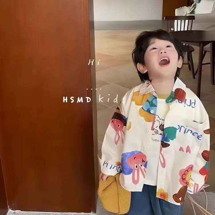 【100%纯棉】春秋季男童新款卡通绘画上衣衬衫长袖清新洋气百搭