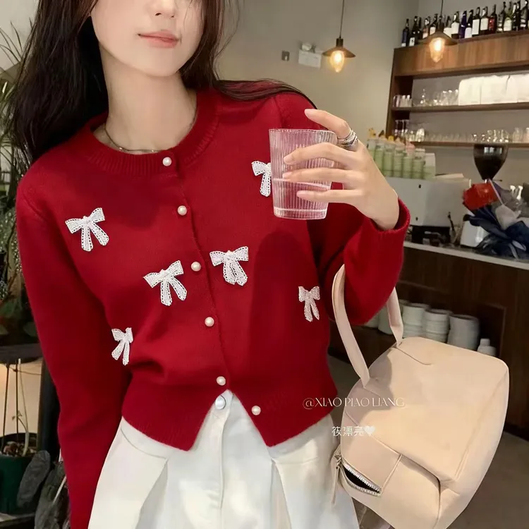 温柔风甜美立体蕾丝蝴蝶结毛衣韩系学院休闲百搭开衫82117#0.1 qq