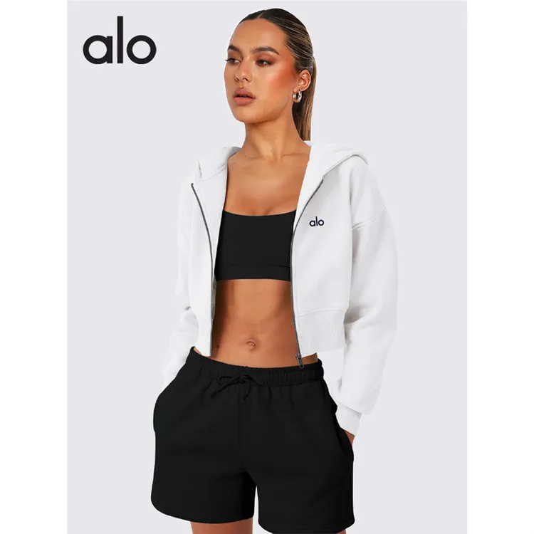 alo修身显瘦瑜伽服女冬季加绒Yoga休闲运动拉链连帽外套健身穿搭
