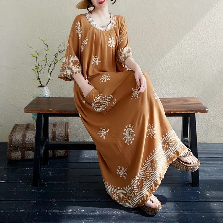 通勤风印花宽松腰圆领大码连衣裙女款成人中长裙夏季裙子长款显瘦