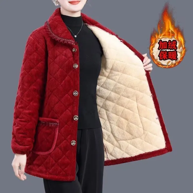 加绒中年新款棉衣罩衣保暖安可拉红妈妈冬季棉袄女士棉服三层加厚