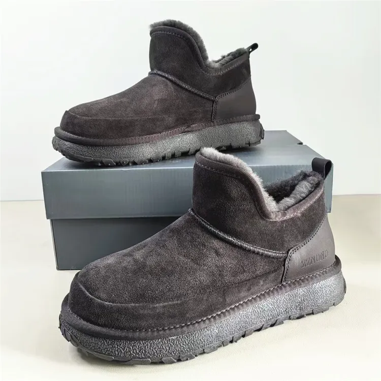 CJ7358牛皮内里全羊毛男士冬季新款厚底保暖短筒雪地靴一脚蹬棉鞋