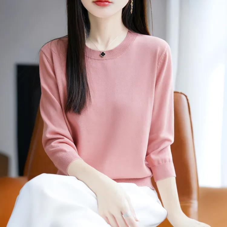圆领100%纯棉针织衫女早秋外穿七分袖上衣宽松显瘦内搭打底衫毛衣
