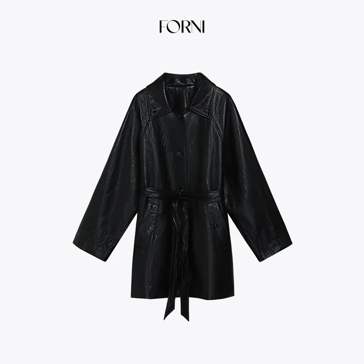 FORNI  战壕皮衣 美式机车PU皮单排扣收腰长款皮衣外套