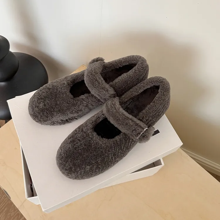 网红风平底毛毛鞋冬季百搭洋气羊羔绒浅口女休闲单鞋一脚蹬保暖款
