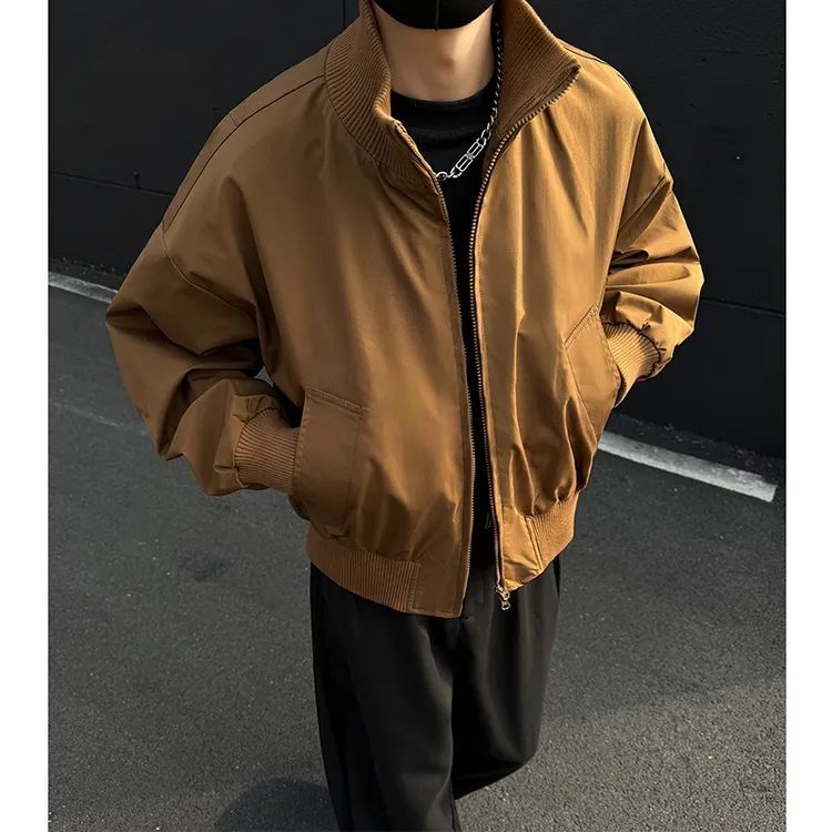棕色立领短款棒球服外套男春秋美式高街上衣服潮牌宽松飞行员夹克