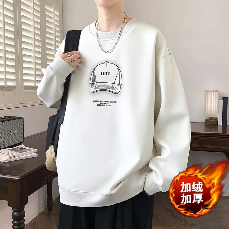 青少年秋冬季新款圆领字母印花卫衣男生潮流美式加绒加厚宽松上衣