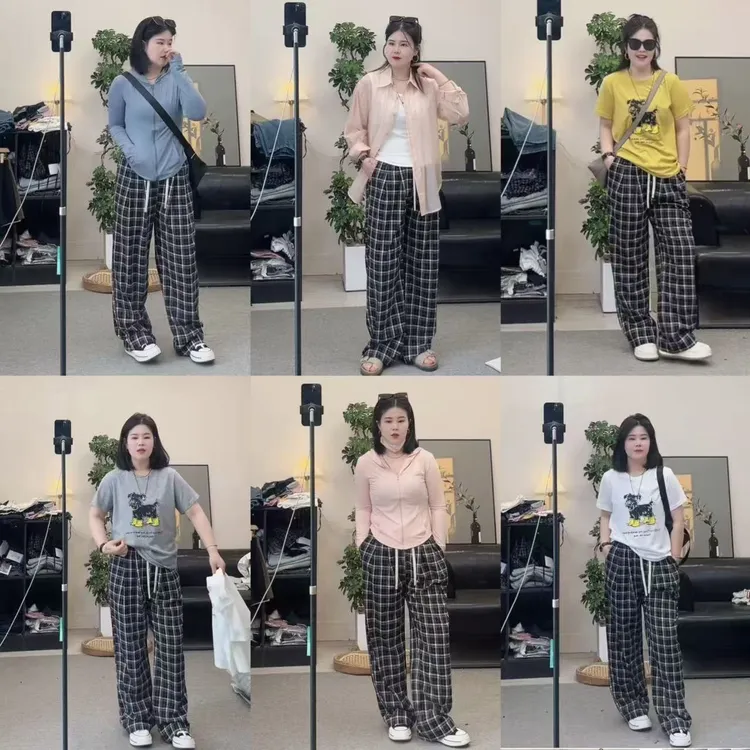 【九九】美式直筒裤女黑白格子2025夏季小个子微胖mm高腰显瘦阔腿裤