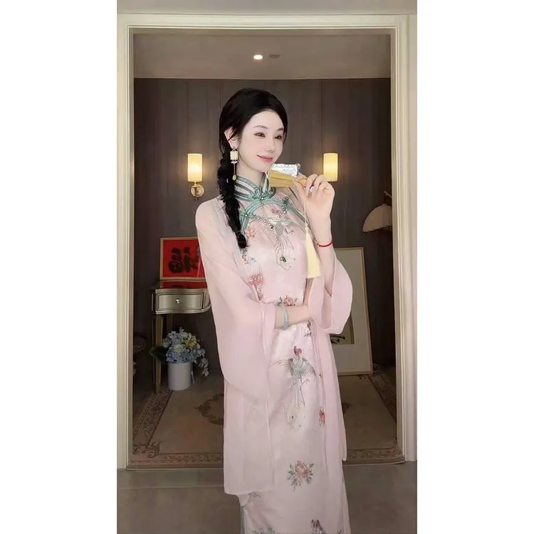 雅乔新中式国风粉绿印花旗袍连衣裙