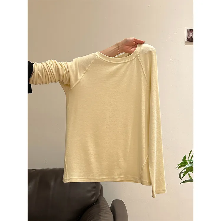 韩系简约奶黄色圆领长袖t恤女秋季新款宽松显瘦内搭打底衫上衣潮