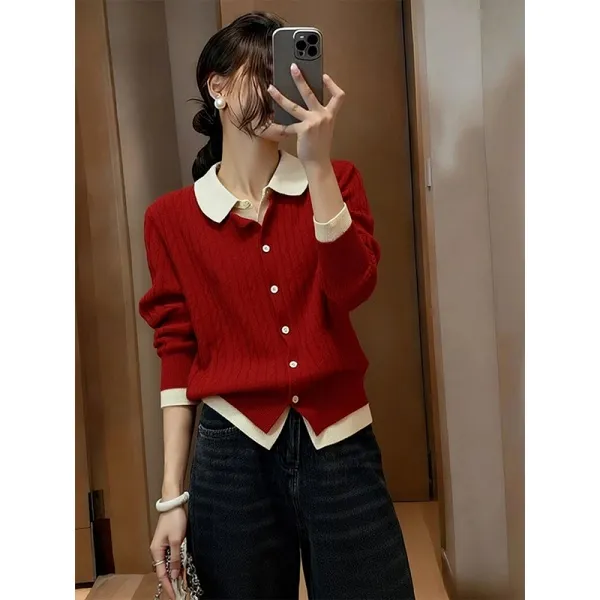韩系假两件POLO领红色针织开衫女撞色边毛衣百搭长袖上衣秋冬新款