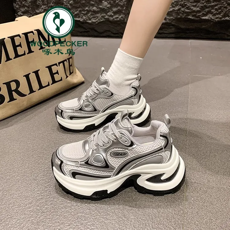 啄木鸟爆款小个子增高6cm厚底老爹鞋女2025春季新透气休闲运动鞋