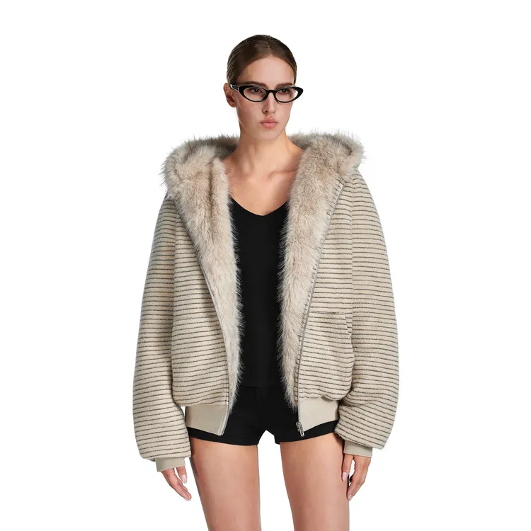 FDR官方店 条纹廓形毛领加厚棉衣男爆款2025新款座山雕外套女款冬