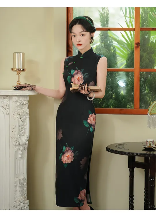 【心懂旗袍—墨迹牡丹】深色不是定位花复古减龄无袖旗袍中国风