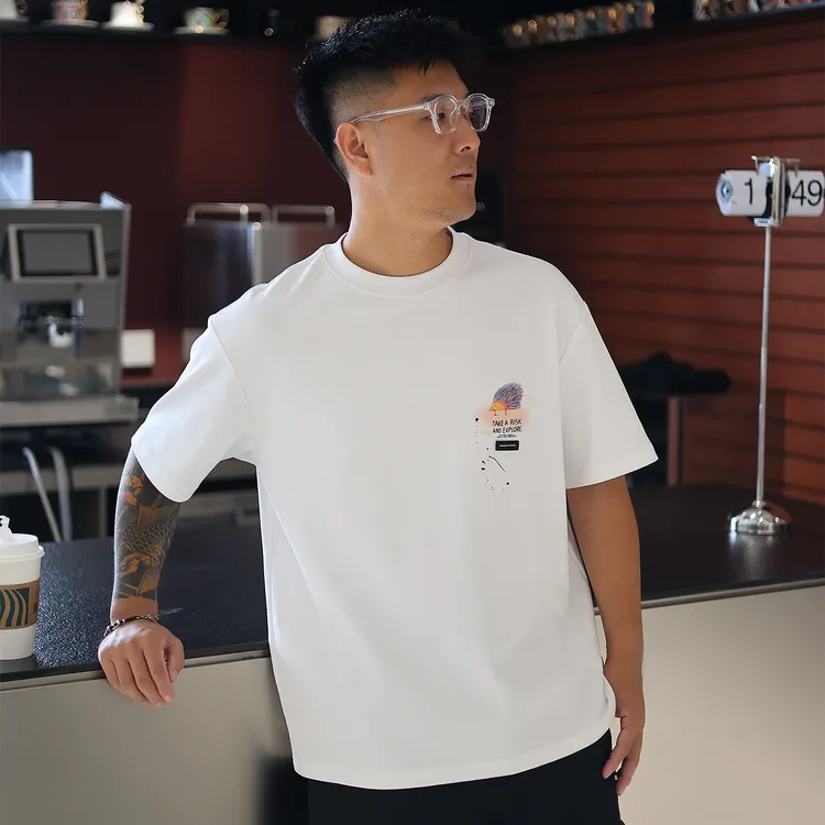 短袖秋冬重磅体恤刺猬刺绣短袖T恤男士国潮ins高街穿搭弹力宽松