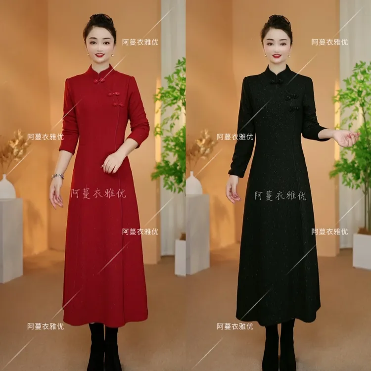 【衣雅严选】8082-2385#罗马锦棉混纺银丝线新中式斜襟旗袍连衣裙