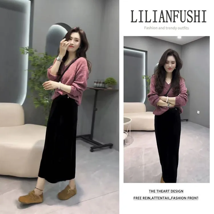 时尚穿搭女2025秋季新款百搭V领长袖针织衫显瘦高腰半身裙两件套