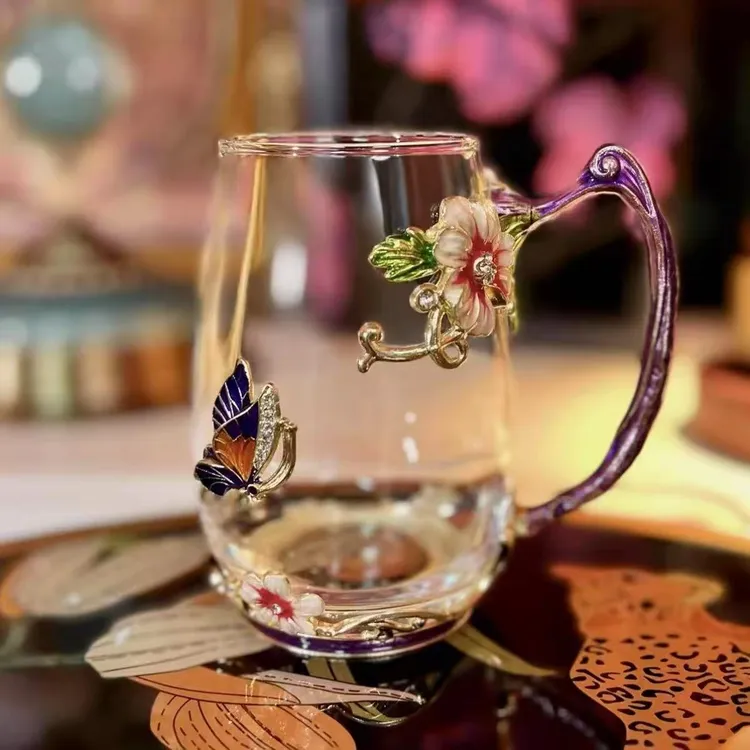 紫色纯手工掐丝珐琅彩工艺花茶杯早餐杯咖啡杯