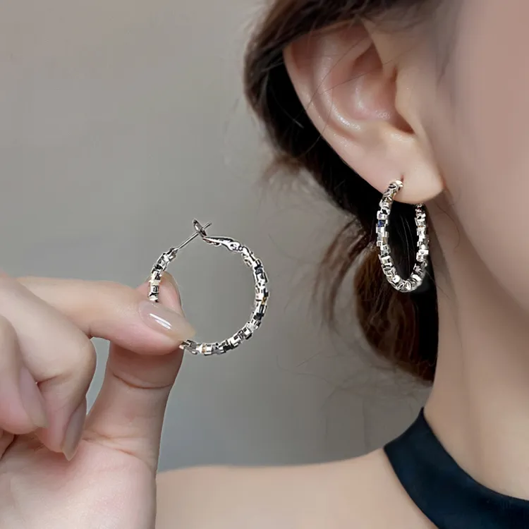 足银耳饰 银针碎银子耳圈大圆圈素圈耳扣耳环2025新款爆款高级感商品图