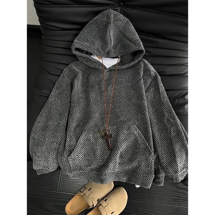 斑马条纹重磅连帽卫衣男款秋冬季美式复古硬挺帽衫小香风短款外套