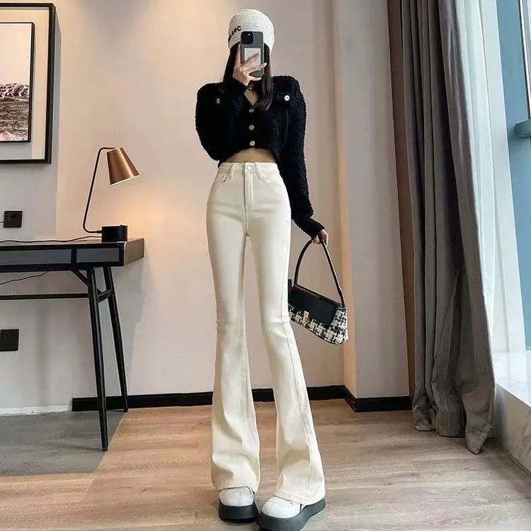 牛仔裤女2025秋季新款韩版高腰弹力显瘦喇叭拖地黑白色裤子