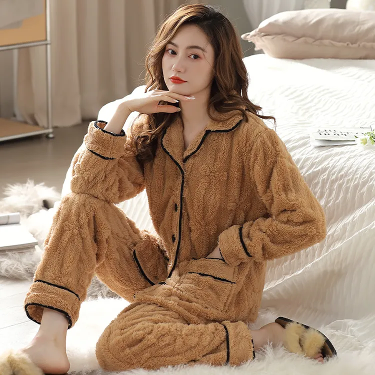 浪莎法兰绒加厚可外穿家居服套装高档睡衣女保暖休闲冬季珊瑚绒